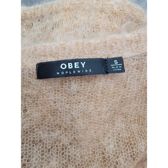Obey Sweater Cardigan Womens Small Fuzzy Mohair Blend Tan Sheer Delicate - Picture 8 of 11